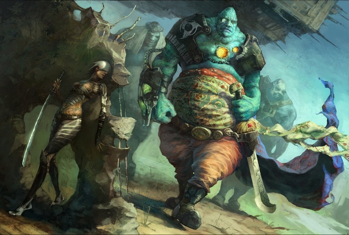 Fantasy art of a giant blue warrior and a female warrior