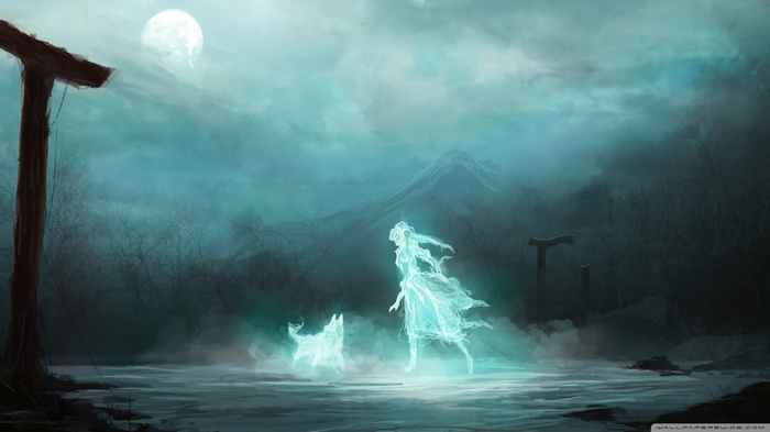 Fantasy art of a ghostly woman and wolf