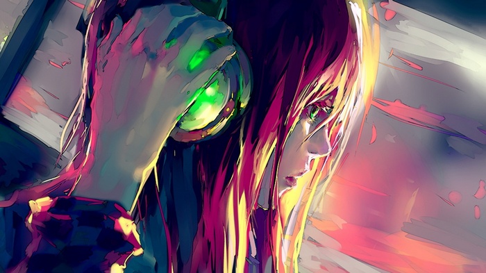 Anime girl with headphones listening to music