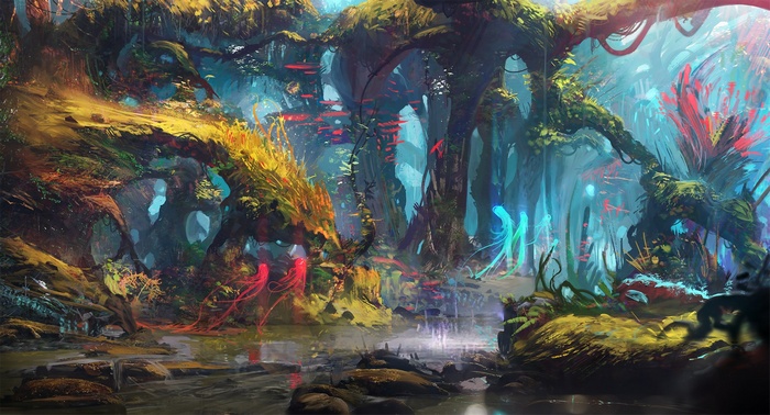 Futuristic alien jungle with glowing flora and fauna