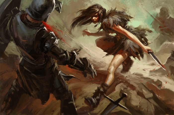 Woman in tribal attire fights armored knight