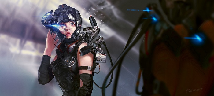 Futuristic woman with cybernetic helmet and gear