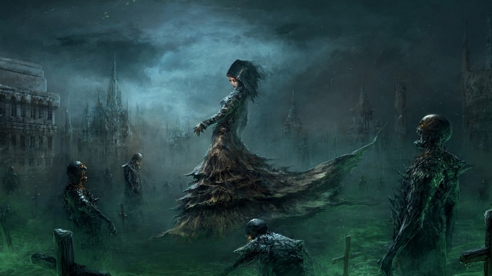 A woman in a dark dress in a zombie-filled cemetery