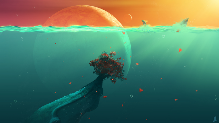 Fantasy art of underwater planet with sharks and tree