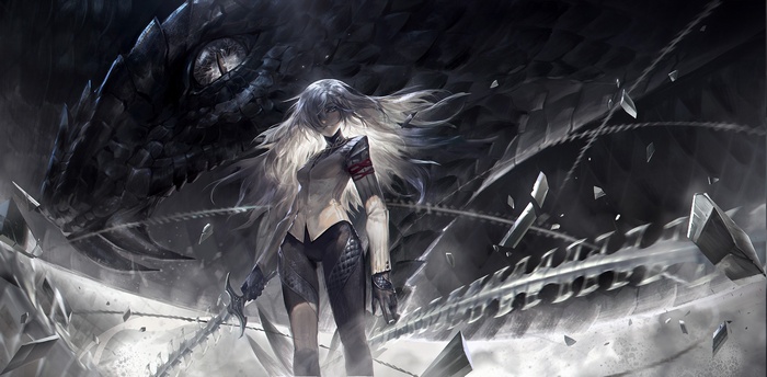 Anime girl with a dragon and swords