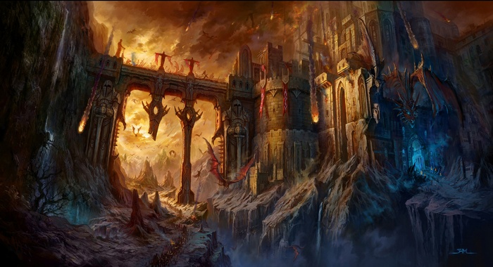 Fantasy castle with dragons and warriors in battle