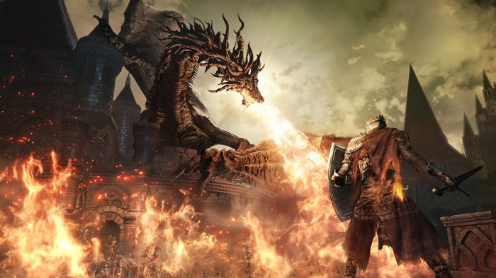 Dragon breathing fire on a knight in Dark Souls III