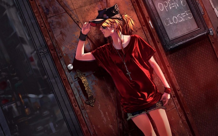 Asuka Langley Soryu leaning on a rusty door