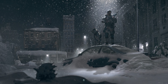 Soldier and dog in a snowy city