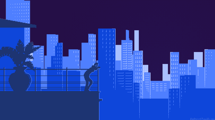 Silhouette of a person on a balcony overlooking a pixel art cityscape