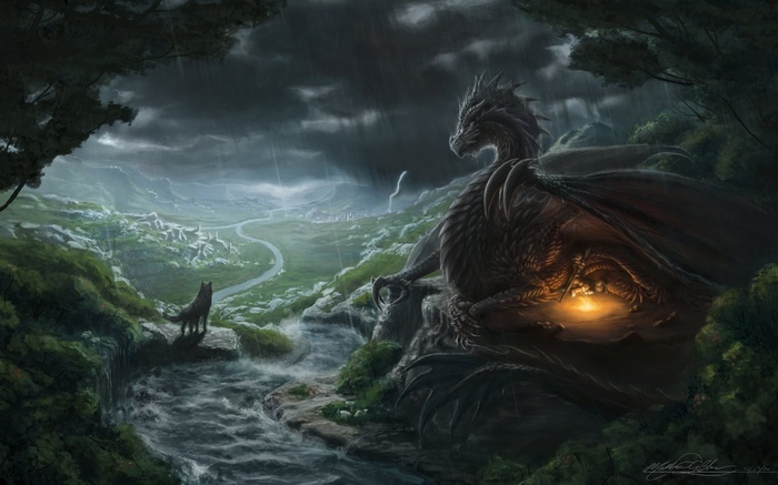 Dragon and wolf overlooking a valley during a storm