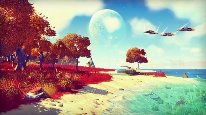 No Man's Sky alien planet with spacecraft and moon