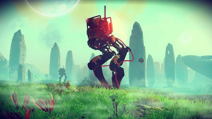 No Man's Sky alien planet with robots and monoliths