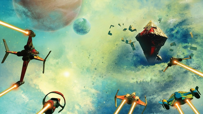 No Man's Sky concept art with spaceships and planets