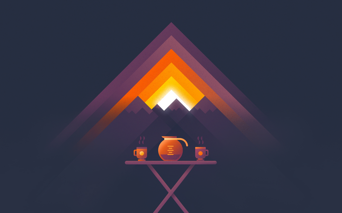 Minimalist sunrise over mountains with coffee set