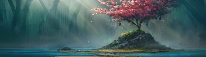 Cherry blossom tree on a rocky island with stairs