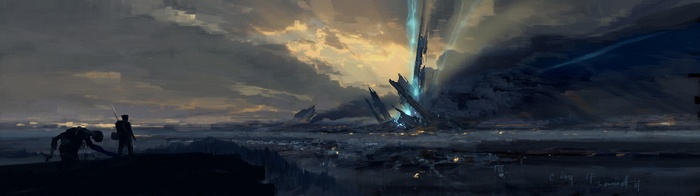 Half-Life Cityscape with Energy Spire and Figures