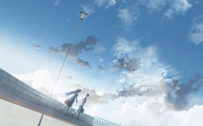 Anime couple walking on a bridge under the sky