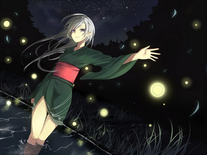 Anime girl in kimono with fireflies at night