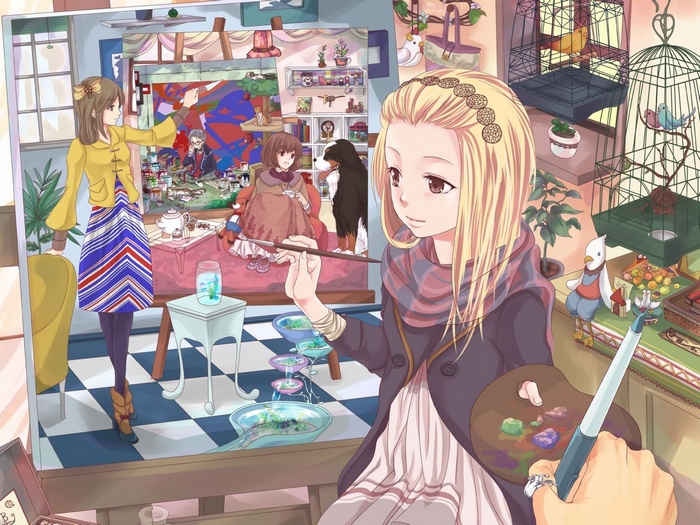 Anime girls painting a picture of a room