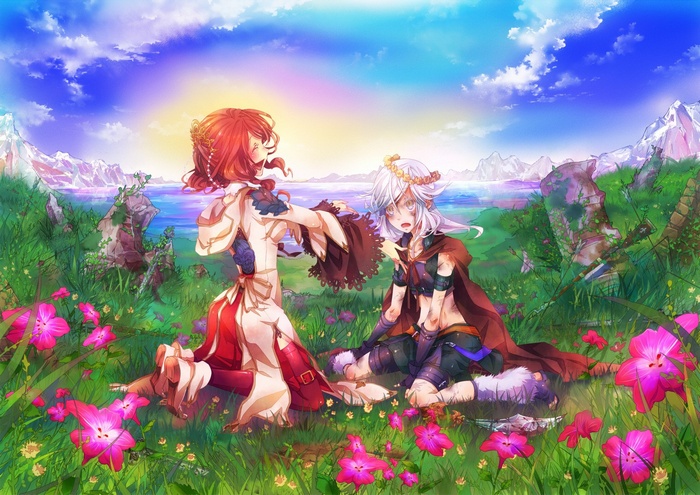 Two original anime characters in a field of flowers
