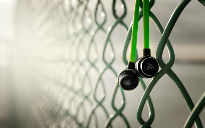 Razer Adaro earphones hanging on a green fence