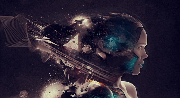 Digital artwork of a woman's head fragmenting