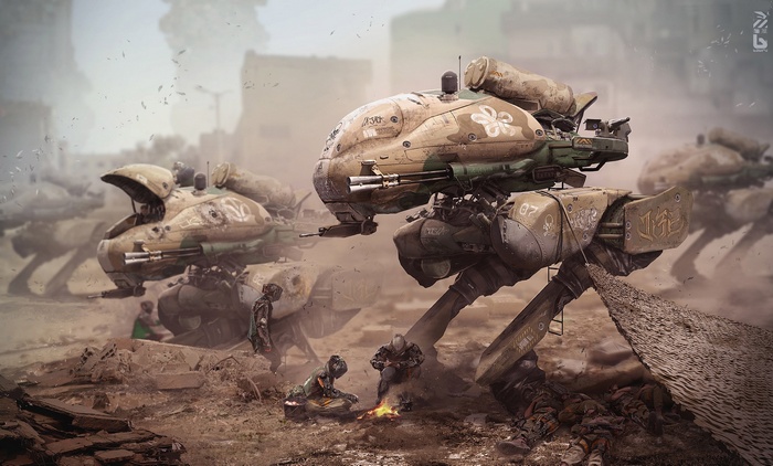 Futuristic mechs in a war-torn desert landscape