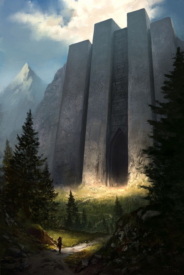 Massive stone structure in a mountain landscape