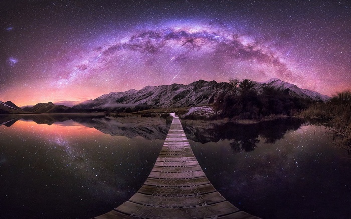 landscape, Milky Way, New Zealand, walkway, mountains, nature, starry night, lake, long exposure, shrubs, reflection