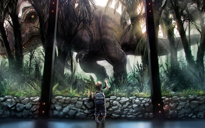 Jurassic World artwork with child and dinosaur