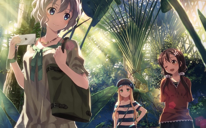 Three anime girls in a greenhouse with sunlight