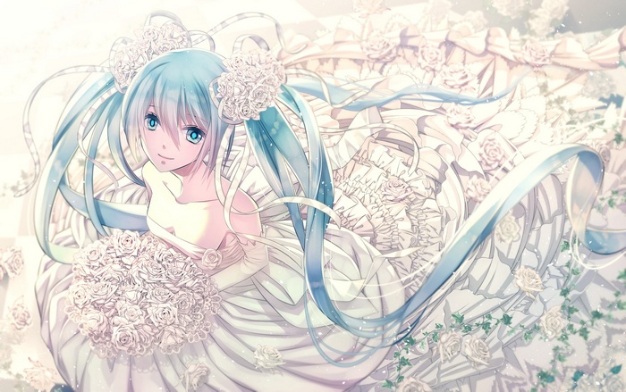Hatsune Miku in a wedding dress with white roses