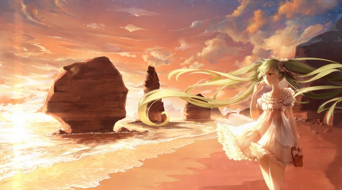 Hatsune Miku on a beach at sunset