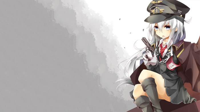 Anime girl with white hair holding a pistol