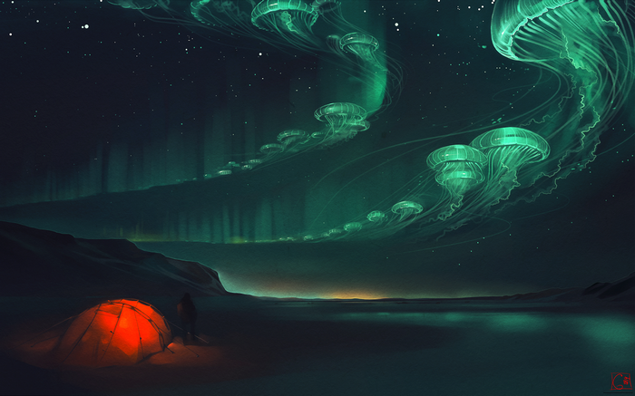 Surreal night sky with glowing jellyfish and aurorae over a campsite