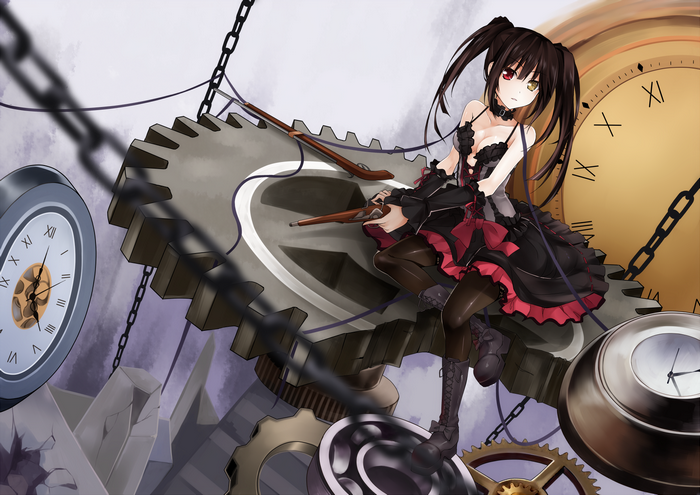 gun, anime, weapon, dress, Date A Live, artwork, manga, anime girls, clocks, boots, Tokisaki Kurumi, long hair, cleavage