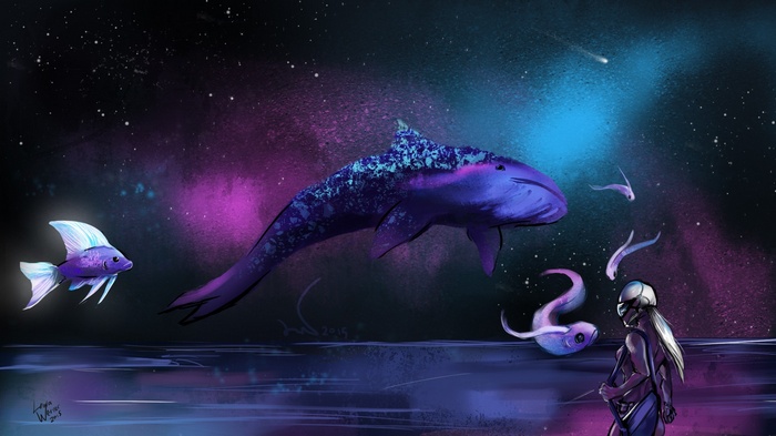 Fantasy art of a whale and fish in space