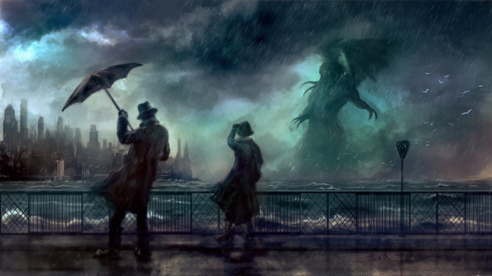 Cthulhu emerges from the sea during a storm