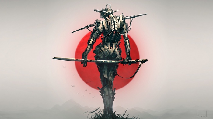 Robot Samurai with Katana in front of Japanese Sun