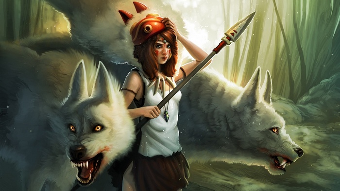 Princess Mononoke with wolves in a forest