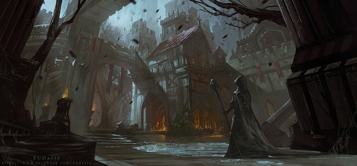 Fantasy art of a hooded figure in a ruined city