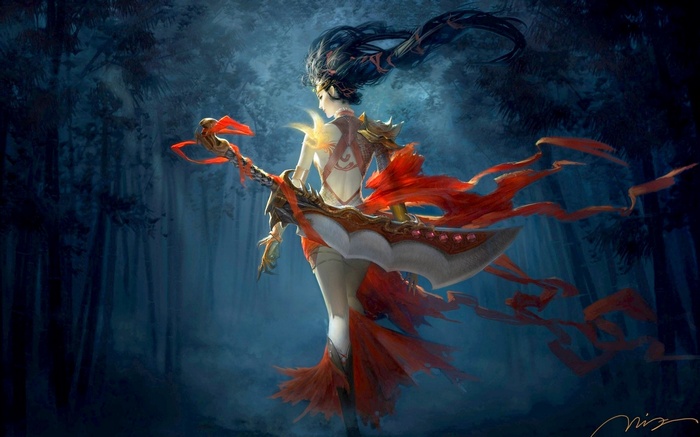 Fantasy art of a woman with a large weapon