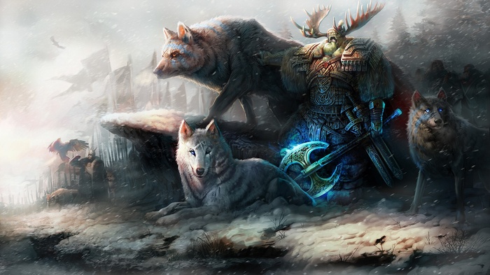 Fantasy art of a Viking warrior with wolves and an axe