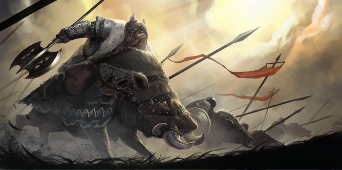 Fantasy warrior riding a boar with an axe