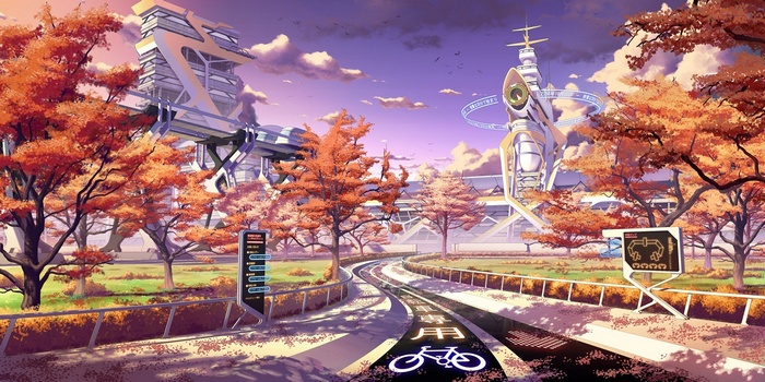 Futuristic city in Japan during autumn sunset