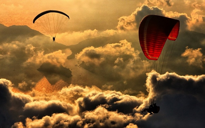 clouds, paragliding, aerial view, flying, wind, freedom, landscape, sunset, nature, sea, mountains