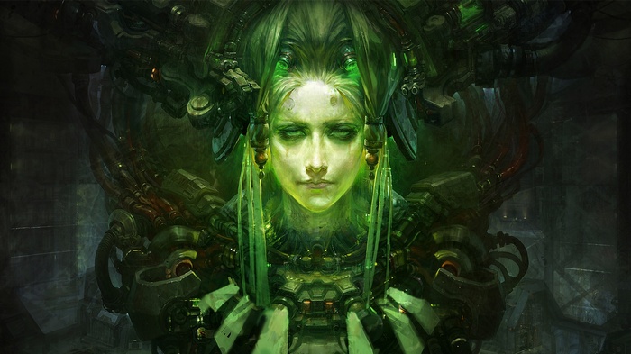 Cyberpunk woman with green glowing implants