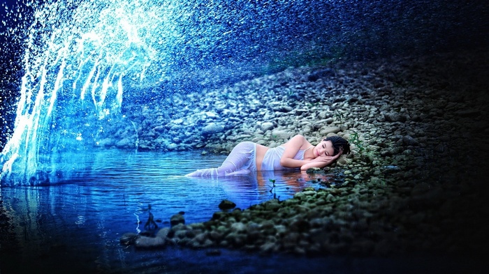 women outdoors, Asian, wet, closed eyes, brunette, white clothing, women, long hair, lying down, wet hair, nature, model, splashes, rock, wet clothing, water