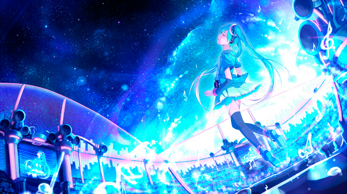 Hatsune Miku singing on a stage with a starry background